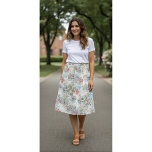 Jordan Blue Label Linen Floral A-Line Midi Skirt Women's XL Colorful Resort